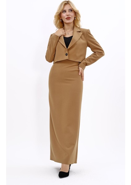Erkek Yaka Tek Düğmeli Kısa Ceket & Uzun Düz Dar Etek-Camel