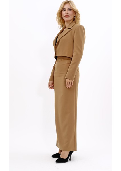 Erkek Yaka Tek Düğmeli Kısa Ceket & Uzun Düz Dar Etek-Camel fiyatları
