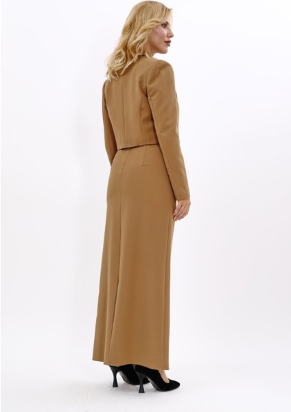 Erkek Yaka Tek Düğmeli Kısa Ceket & Uzun Düz Dar Etek-Camel fırsatları