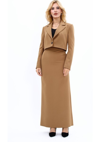 Erkek Yaka Tek Düğmeli Kısa Ceket & Uzun Düz Dar Etek-Camel indirimleri
