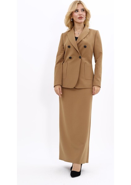 Erkek Yaka Torba Cepli Klasik Ceket & Uzun Düz Dar Etek-Camel