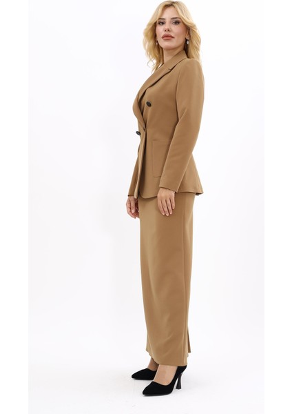 Erkek Yaka Torba Cepli Klasik Ceket & Uzun Düz Dar Etek-Camel fiyatları
