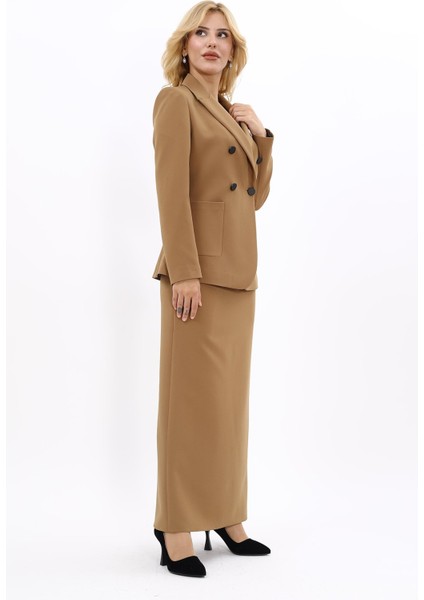 Erkek Yaka Torba Cepli Klasik Ceket & Uzun Düz Dar Etek-Camel modelleri