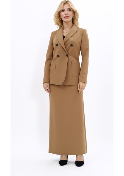 Erkek Yaka Torba Cepli Klasik Ceket & Uzun Düz Dar Etek-Camel indirimleri