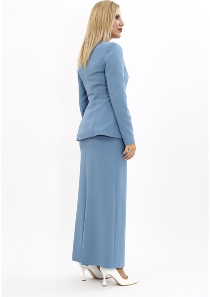 Sıfır Yaka Boydan Düğmeli Ceket & Uzun Düz Dar Etek-Deniz fırsatları