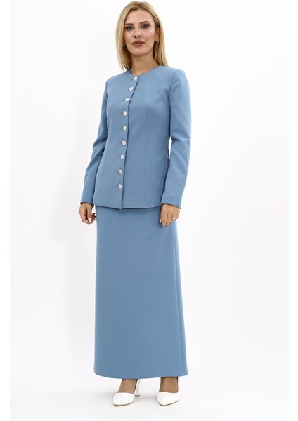 Sıfır Yaka Boydan Düğmeli Ceket & Uzun Düz Dar Etek-Deniz indirimleri