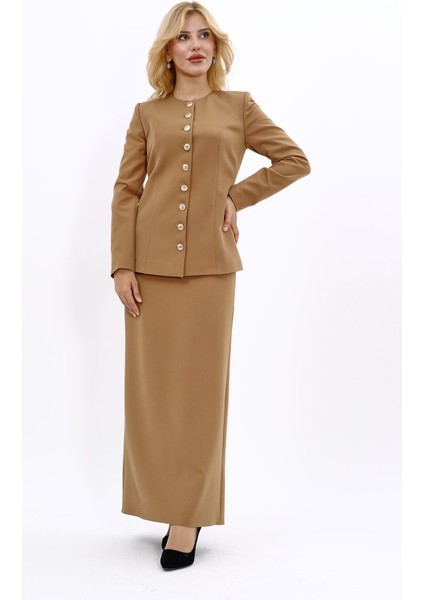 Sıfır Yaka Boydan Düğmeli Ceket & Uzun Düz Dar Etek-Camel