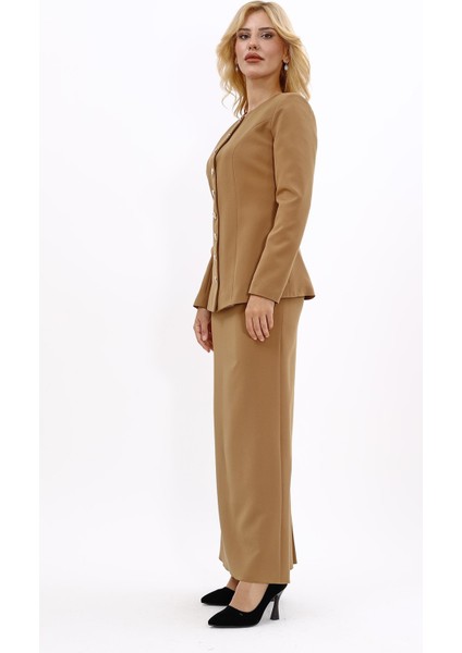 Sıfır Yaka Boydan Düğmeli Ceket & Uzun Düz Dar Etek-Camel fiyatları