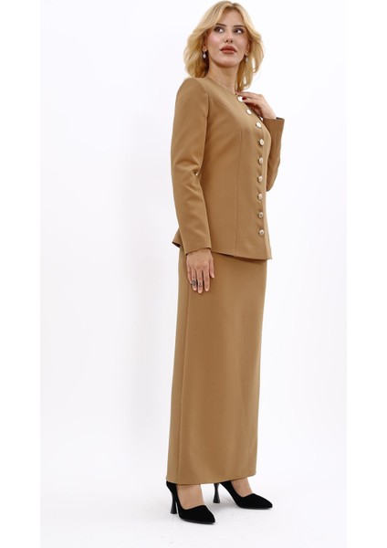 Sıfır Yaka Boydan Düğmeli Ceket & Uzun Düz Dar Etek-Camel modelleri
