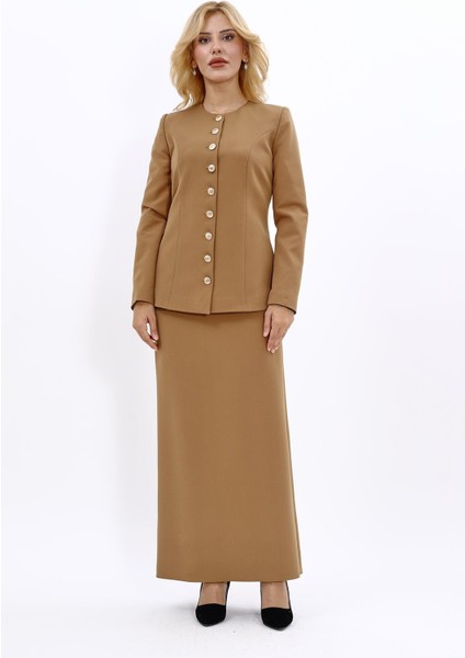 Sıfır Yaka Boydan Düğmeli Ceket & Uzun Düz Dar Etek-Camel indirimleri