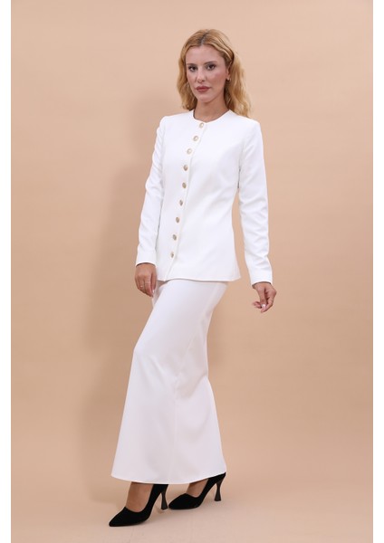 Sıfır Yaka Boydan Düğmeli Ceket & Uzun Düz Dar Etek-Beyaz