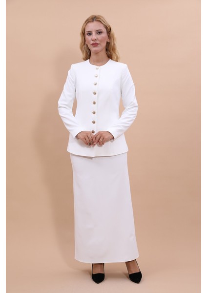 Sıfır Yaka Boydan Düğmeli Ceket & Uzun Düz Dar Etek-Beyaz fiyatları