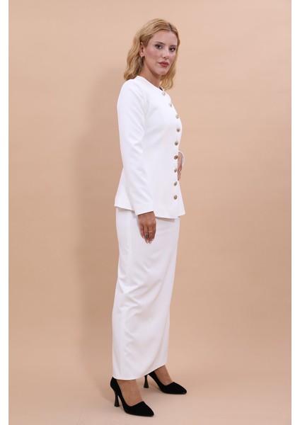 Sıfır Yaka Boydan Düğmeli Ceket & Uzun Düz Dar Etek-Beyaz modelleri