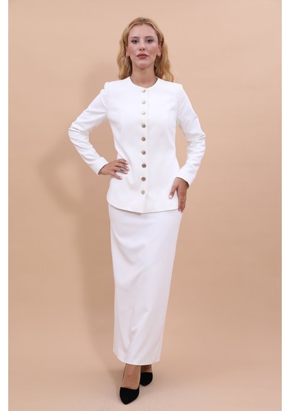 Sıfır Yaka Boydan Düğmeli Ceket & Uzun Düz Dar Etek-Beyaz fırsatları