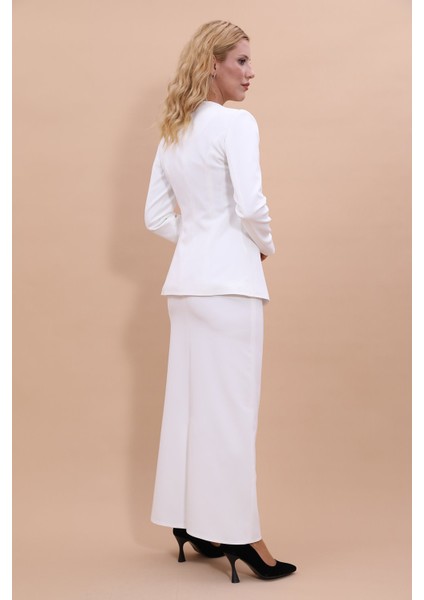 Sıfır Yaka Boydan Düğmeli Ceket & Uzun Düz Dar Etek-Beyaz indirimleri