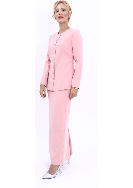 Sıfır Yaka Boydan Düğmeli Ceket & Uzun Düz Dar Etek-Pudra
