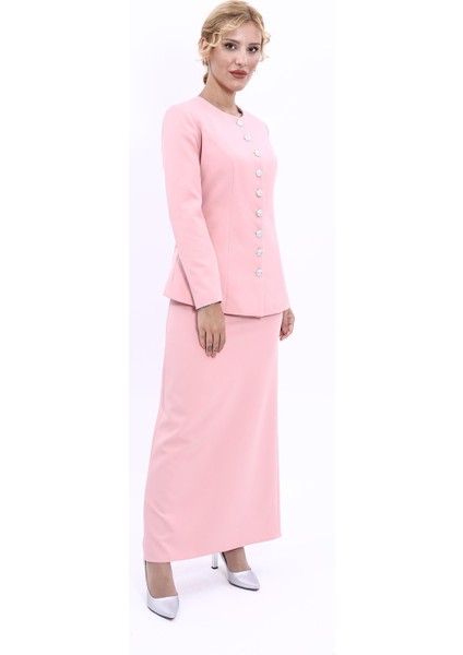 Sıfır Yaka Boydan Düğmeli Ceket & Uzun Düz Dar Etek-Pudra fiyatları