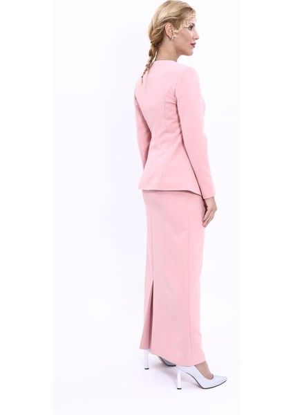 Sıfır Yaka Boydan Düğmeli Ceket & Uzun Düz Dar Etek-Pudra modelleri