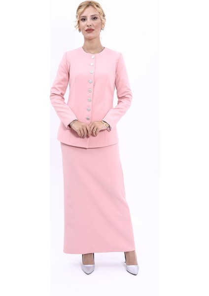Sıfır Yaka Boydan Düğmeli Ceket & Uzun Düz Dar Etek-Pudra fırsatları