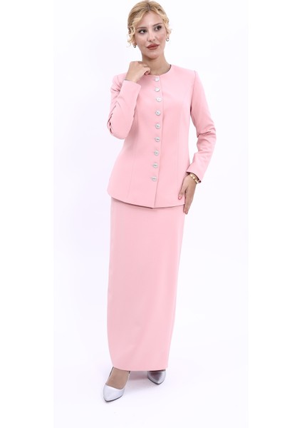Sıfır Yaka Boydan Düğmeli Ceket & Uzun Düz Dar Etek-Pudra indirimleri