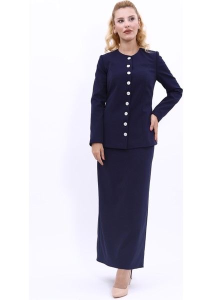 Sıfır Yaka Boydan Düğmeli Ceket & Uzun Düz Dar Etek-Lacivert