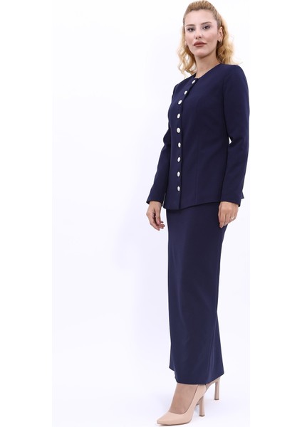 Sıfır Yaka Boydan Düğmeli Ceket & Uzun Düz Dar Etek-Lacivert fiyatları