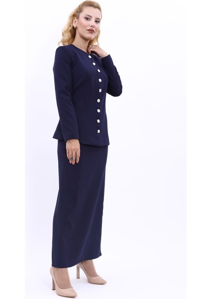 Sıfır Yaka Boydan Düğmeli Ceket & Uzun Düz Dar Etek-Lacivert modelleri