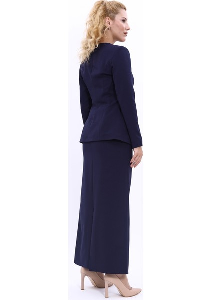 Sıfır Yaka Boydan Düğmeli Ceket & Uzun Düz Dar Etek-Lacivert fırsatları