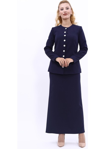 Sıfır Yaka Boydan Düğmeli Ceket & Uzun Düz Dar Etek-Lacivert indirimleri