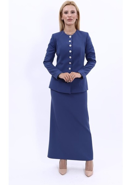 Sıfır Yaka Boydan Düğmeli Ceket & Uzun Düz Dar Etek-İndigo