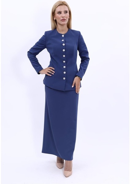 Sıfır Yaka Boydan Düğmeli Ceket & Uzun Düz Dar Etek-İndigo fiyatları
