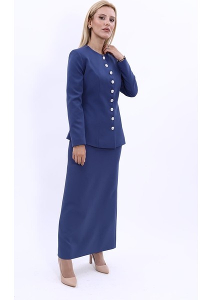 Sıfır Yaka Boydan Düğmeli Ceket & Uzun Düz Dar Etek-İndigo fırsatları