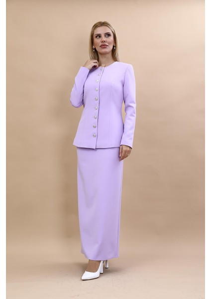 Sıfır Yaka Boydan Düğmeli Ceket & Uzun Düz Dar Etek-Menekşe