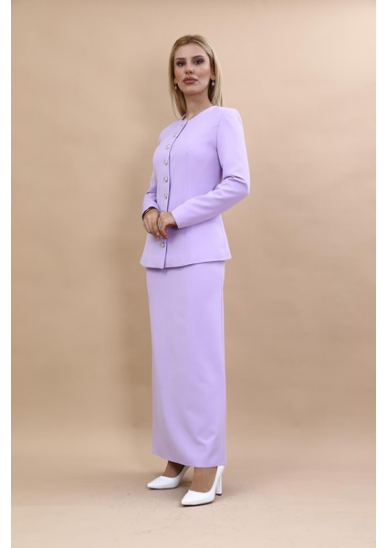 Sıfır Yaka Boydan Düğmeli Ceket & Uzun Düz Dar Etek-Menekşe fiyatları