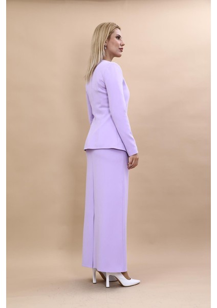 Sıfır Yaka Boydan Düğmeli Ceket & Uzun Düz Dar Etek-Menekşe fırsatları