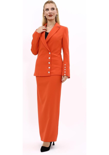 Erkek Yaka Düğme Detaylı Ceket & Uzun Düz Dar Etek-Turuncu