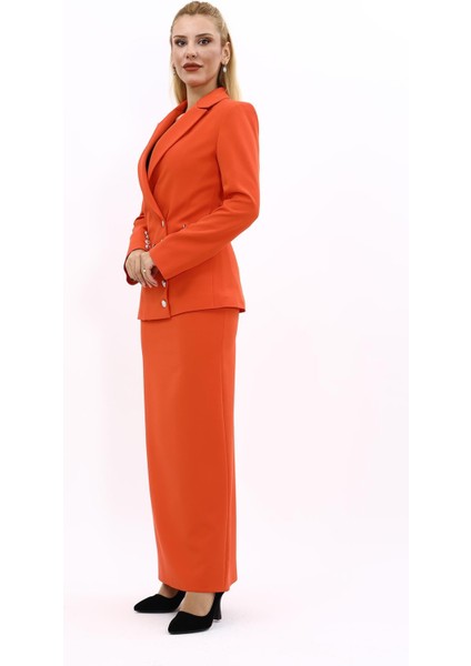 Erkek Yaka Düğme Detaylı Ceket & Uzun Düz Dar Etek-Turuncu fiyatları