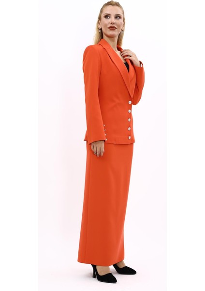 Erkek Yaka Düğme Detaylı Ceket & Uzun Düz Dar Etek-Turuncu modelleri