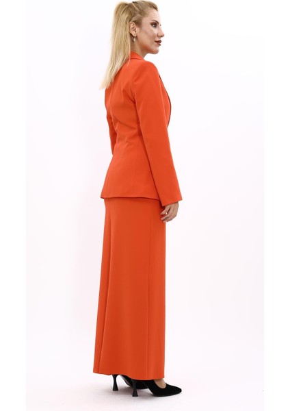 Erkek Yaka Düğme Detaylı Ceket & Uzun Düz Dar Etek-Turuncu fırsatları
