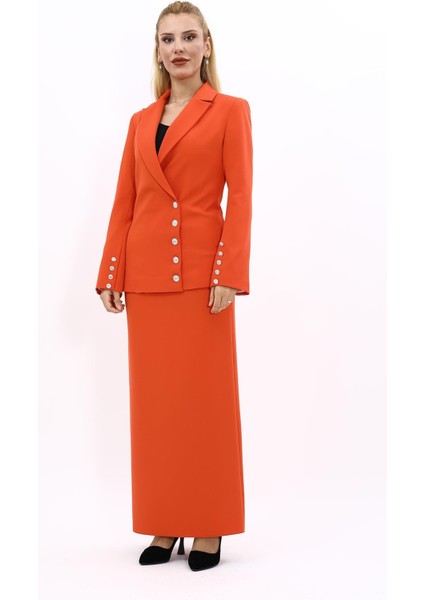 Erkek Yaka Düğme Detaylı Ceket & Uzun Düz Dar Etek-Turuncu indirimleri