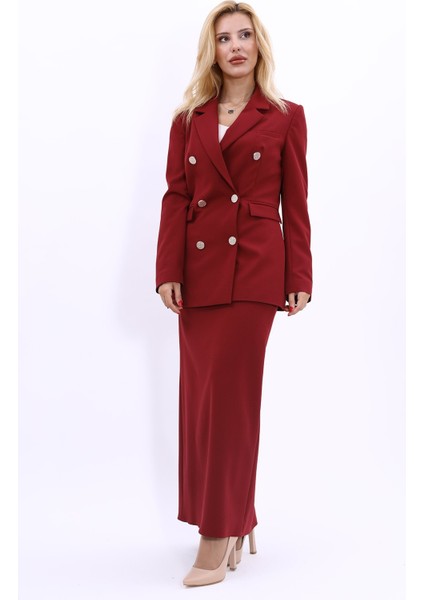 Erkek Yaka Kuruvaze Blazer Ceket & Uzun Düz Dar Etek-Bordo