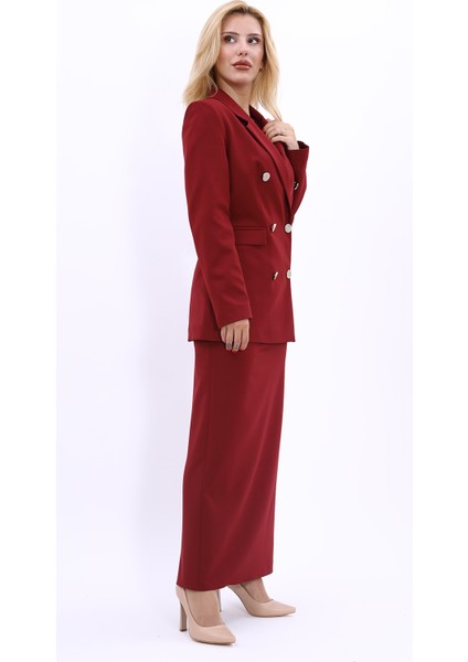Erkek Yaka Kuruvaze Blazer Ceket & Uzun Düz Dar Etek-Bordo modelleri