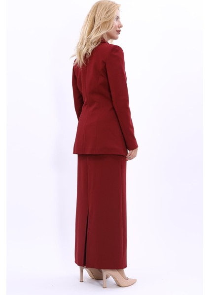 Erkek Yaka Kuruvaze Blazer Ceket & Uzun Düz Dar Etek-Bordo fırsatları