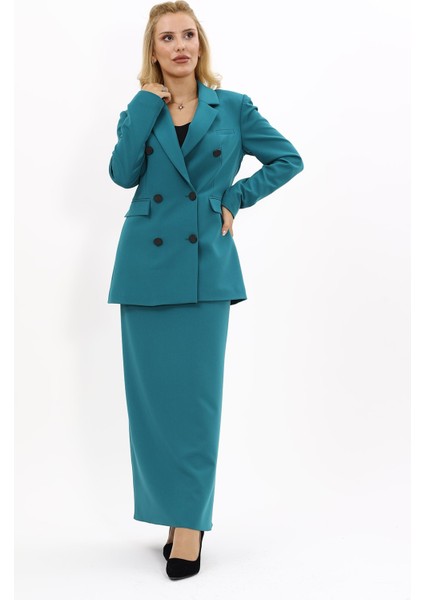 Erkek Yaka Kuruvaze Blazer Ceket & Uzun Düz Dar Etek-Petrol