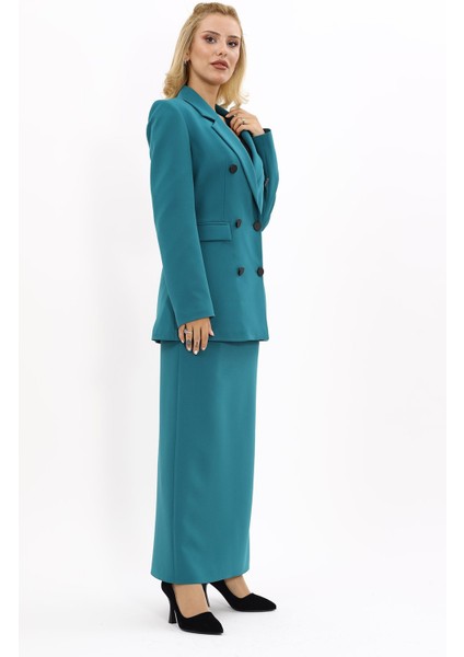 Erkek Yaka Kuruvaze Blazer Ceket & Uzun Düz Dar Etek-Petrol modelleri