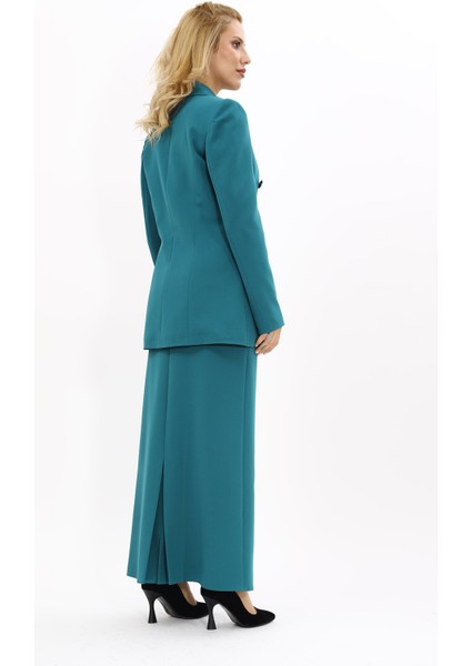 Erkek Yaka Kuruvaze Blazer Ceket & Uzun Düz Dar Etek-Petrol fırsatları