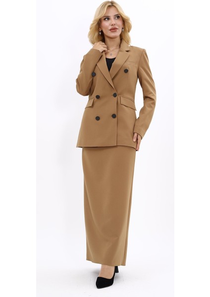 Erkek Yaka Kuruvaze Blazer Ceket & Uzun Düz Dar Etek-Camel