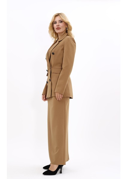 Erkek Yaka Kuruvaze Blazer Ceket & Uzun Düz Dar Etek-Camel fiyatları