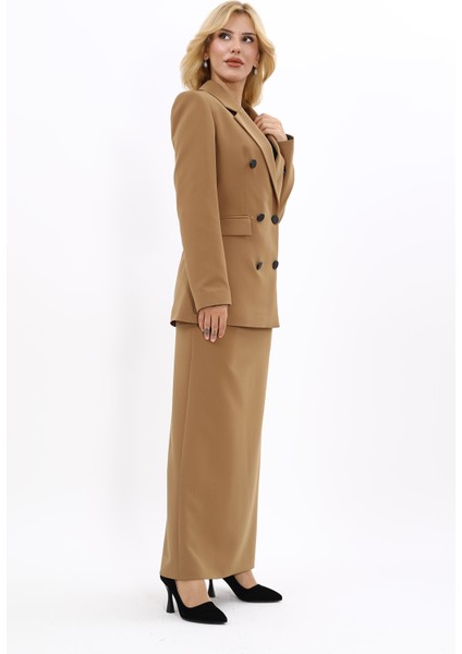 Erkek Yaka Kuruvaze Blazer Ceket & Uzun Düz Dar Etek-Camel modelleri