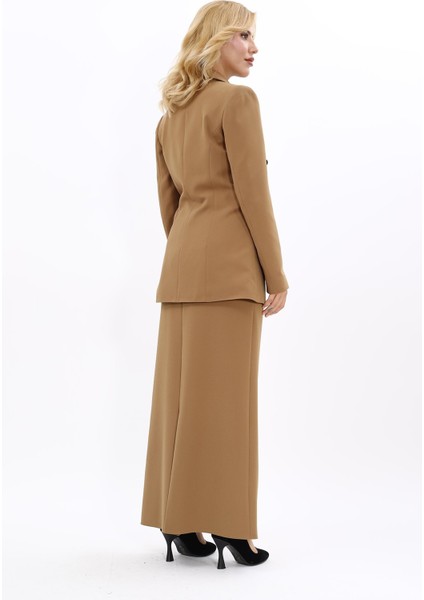 Erkek Yaka Kuruvaze Blazer Ceket & Uzun Düz Dar Etek-Camel fırsatları